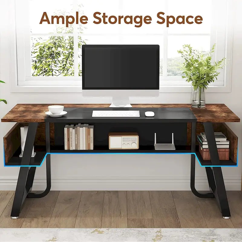 Bureau de Direction avec Étagère de Rangement, Poste de Travail Professionnel, Bureau d'Écriture pour la Salle du Patron