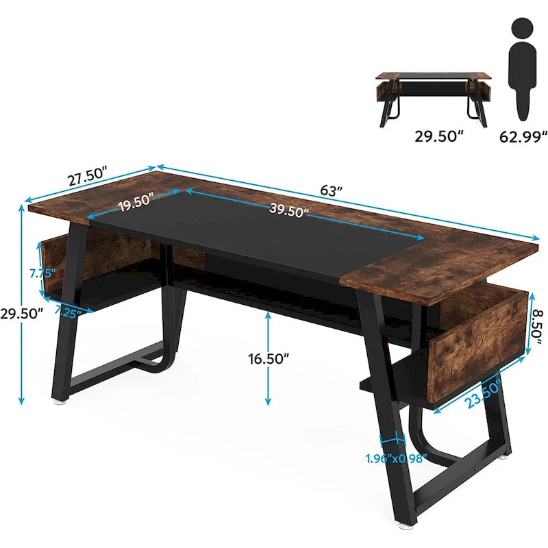 Bureau de Direction avec Étagère de Rangement, Poste de Travail Professionnel, Bureau d'Écriture pour la Salle du Patron