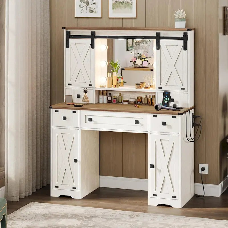 Coiffeuse avec grand miroir et ampoules lumineuses
