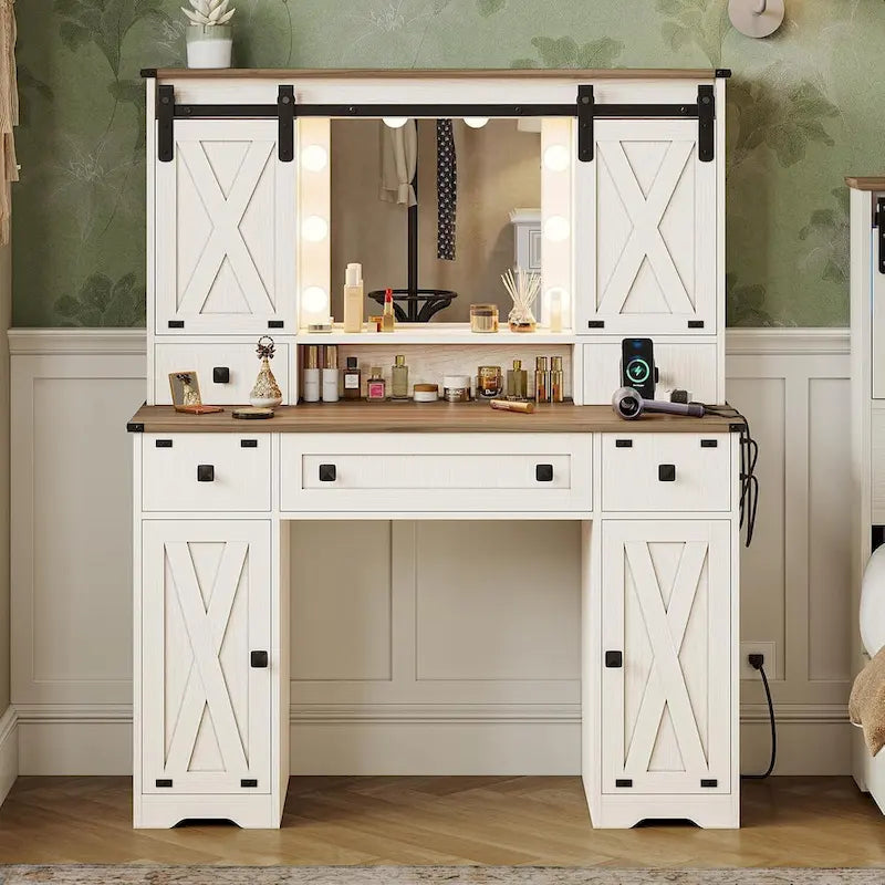 Coiffeuse avec grand miroir et ampoules lumineuses