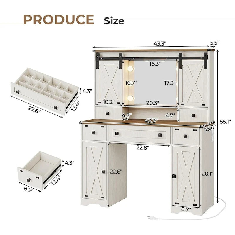 Coiffeuse avec grand miroir et ampoules lumineuses