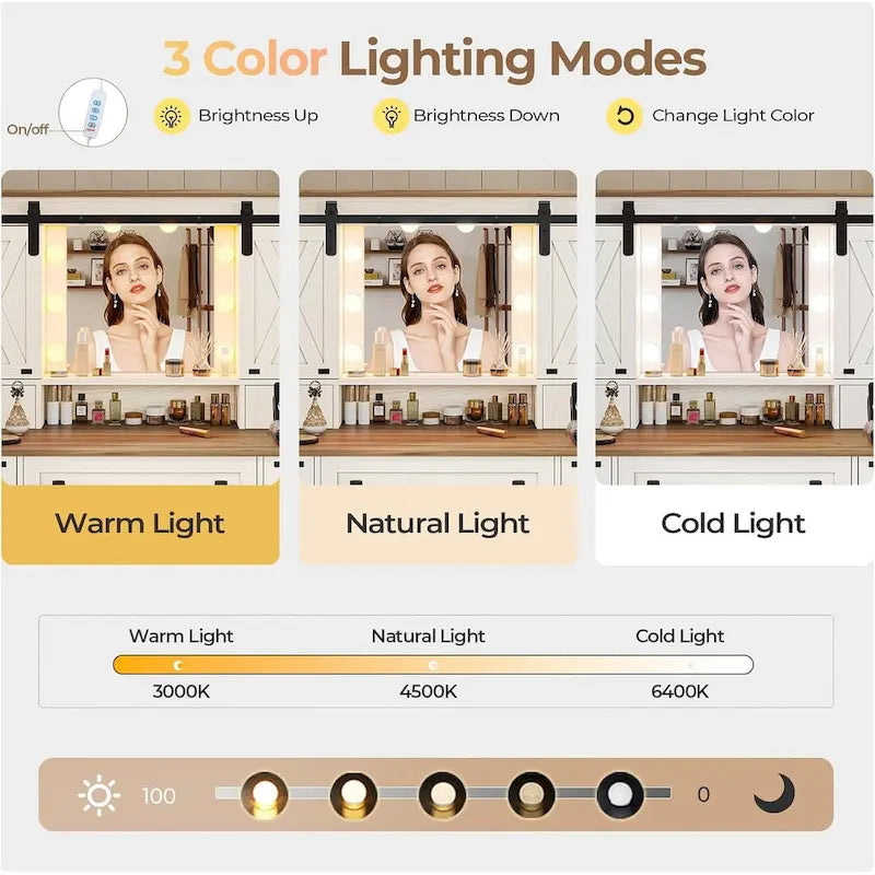 Coiffeuse avec grand miroir et ampoules lumineuses