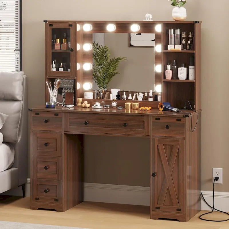 Coiffeuse avec grand miroir et ampoules lumineuses