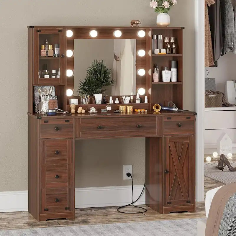 Coiffeuse avec grand miroir et ampoules lumineuses
