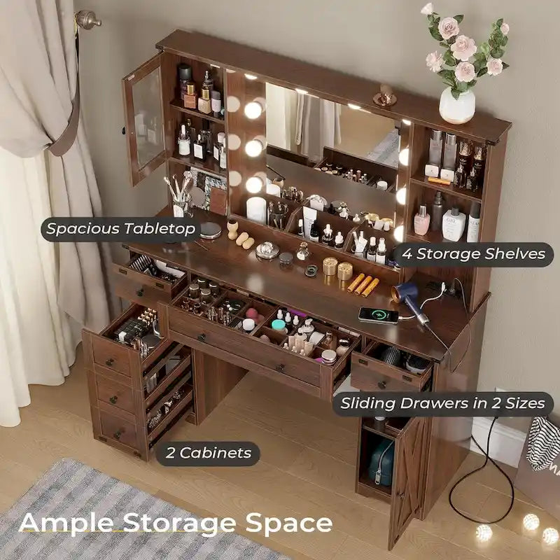 Coiffeuse avec grand miroir et ampoules lumineuses