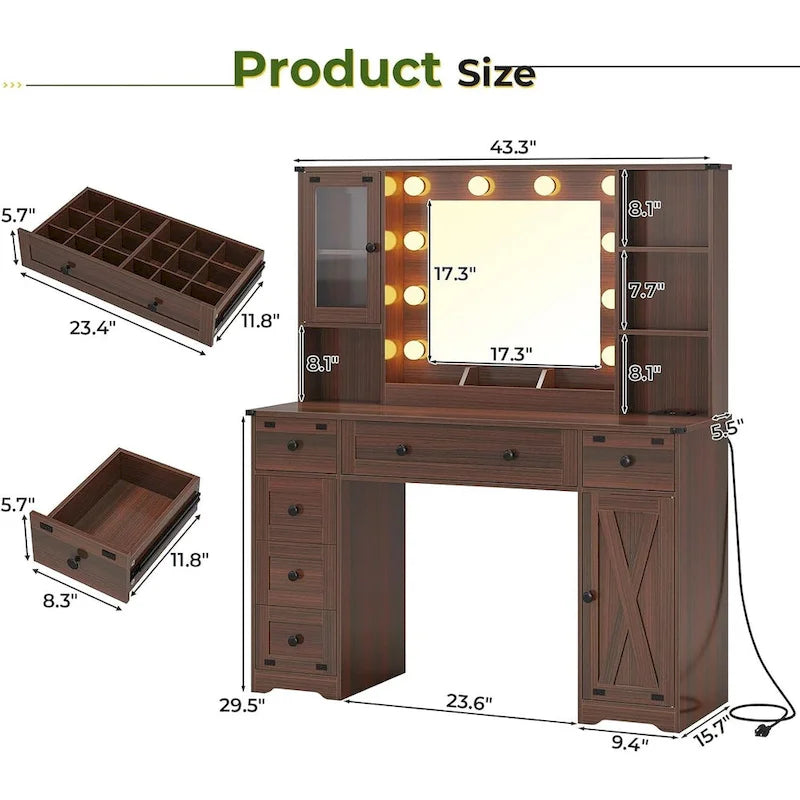 Coiffeuse avec grand miroir et ampoules lumineuses
