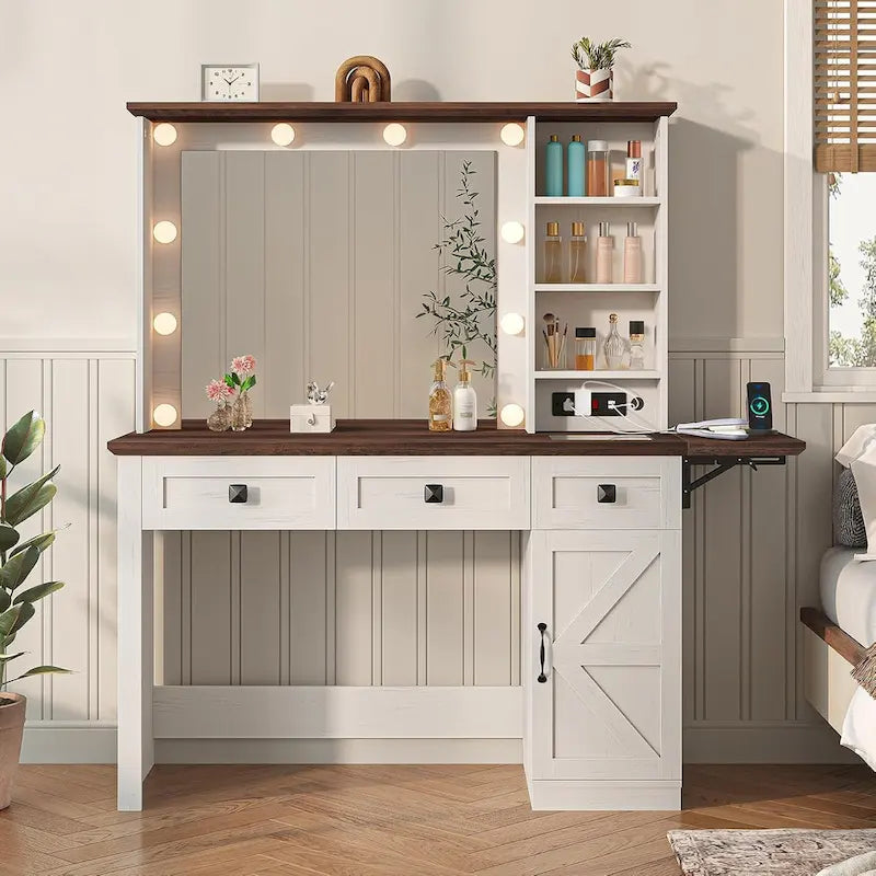 Coiffeuse avec grand miroir et ampoules lumineuses