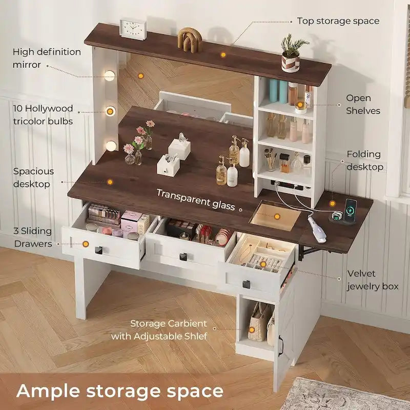 Coiffeuse avec grand miroir et ampoules lumineuses