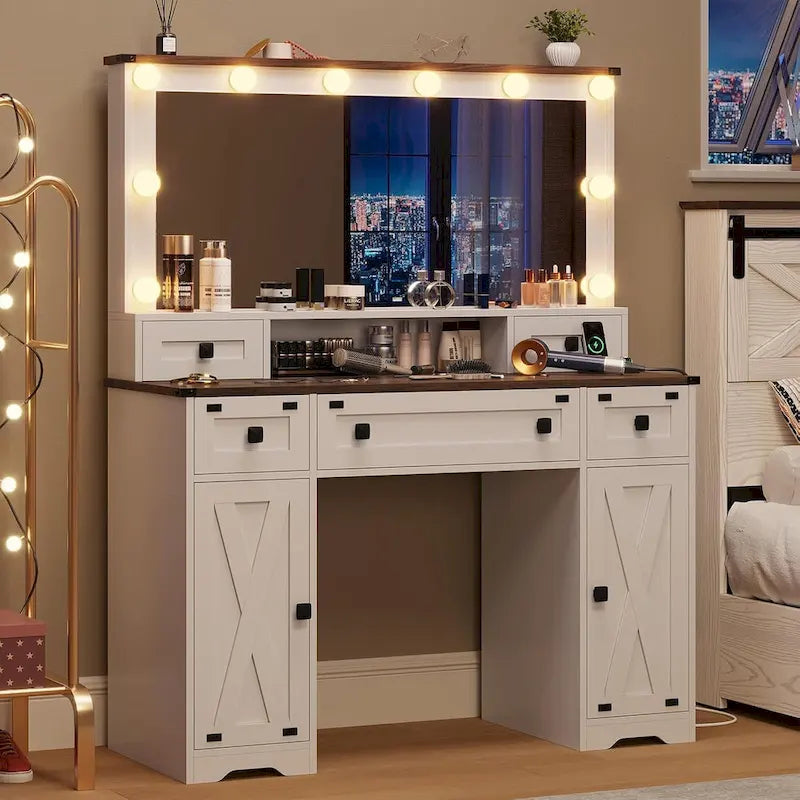Coiffeuse avec grand miroir et ampoules lumineuses