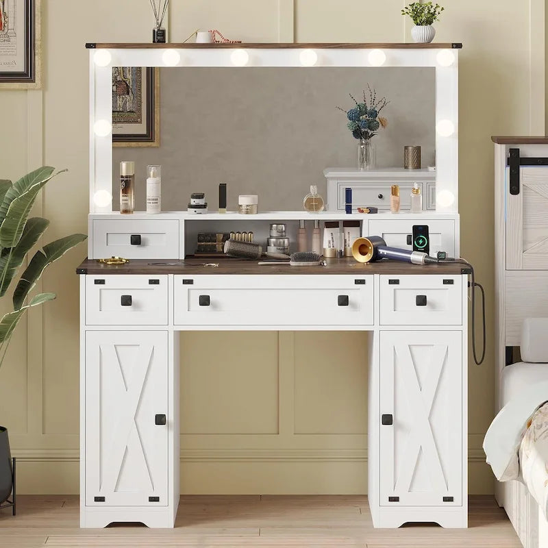 Coiffeuse avec grand miroir et ampoules lumineuses