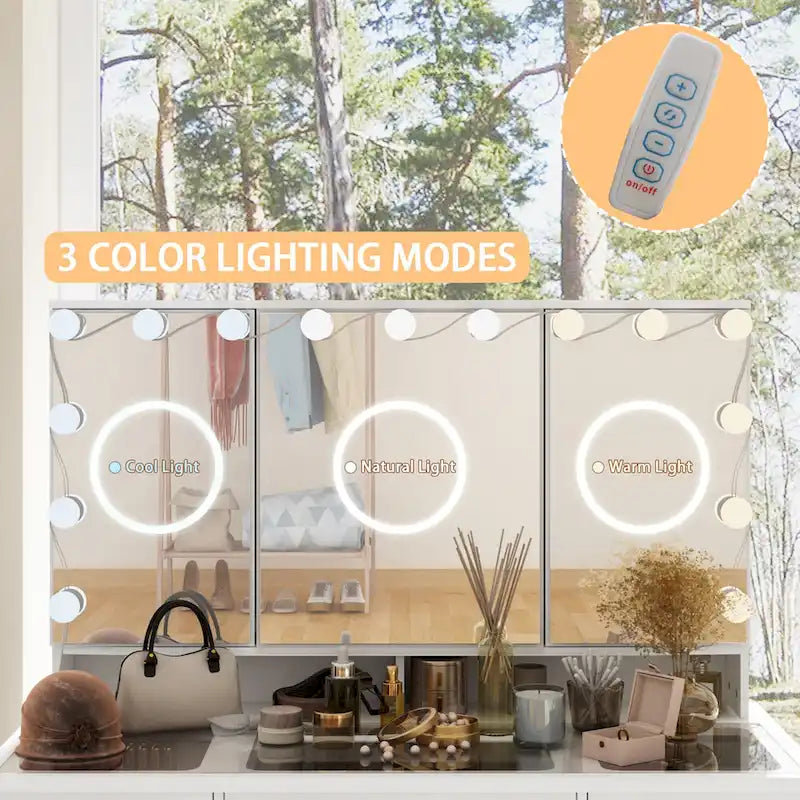 Makeup Vanity w/Tri-Fold Mirror Certified Lighting Glass Top Dresser