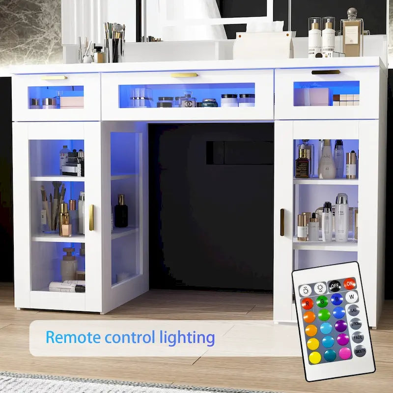 Coiffeuse avec lumières LED réglables, miroirs triptyques et tiroirs