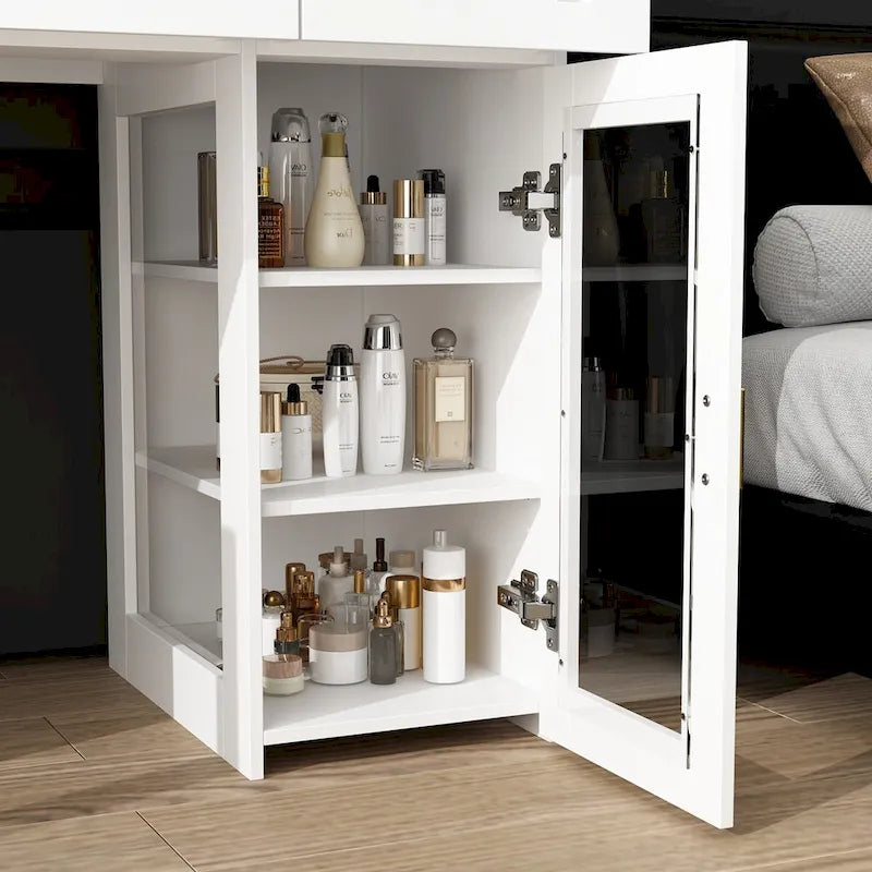 Coiffeuse avec lumières LED réglables, miroirs triptyques et tiroirs