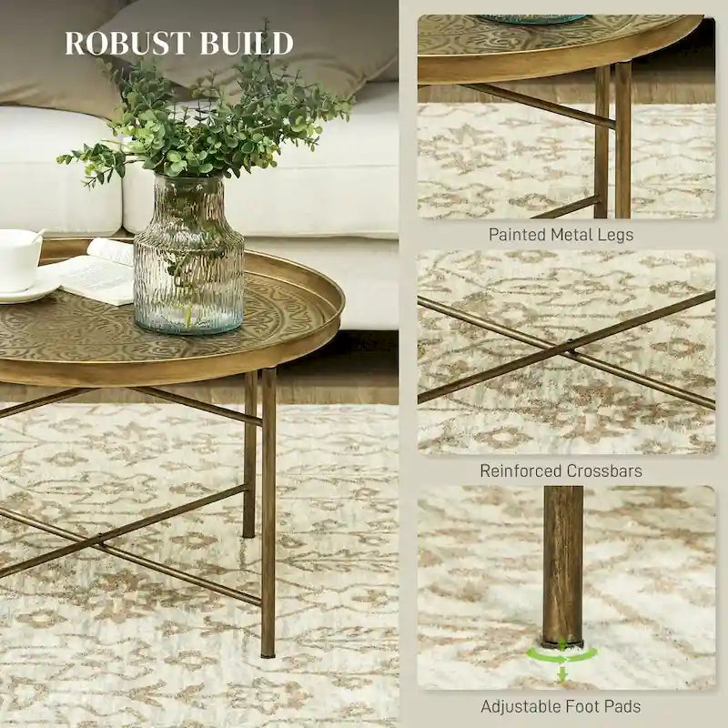 Table basse ronde de 24 pouces avec plateau martelé, table d'appoint vintage en métal pour salon, chambre à coucher, or