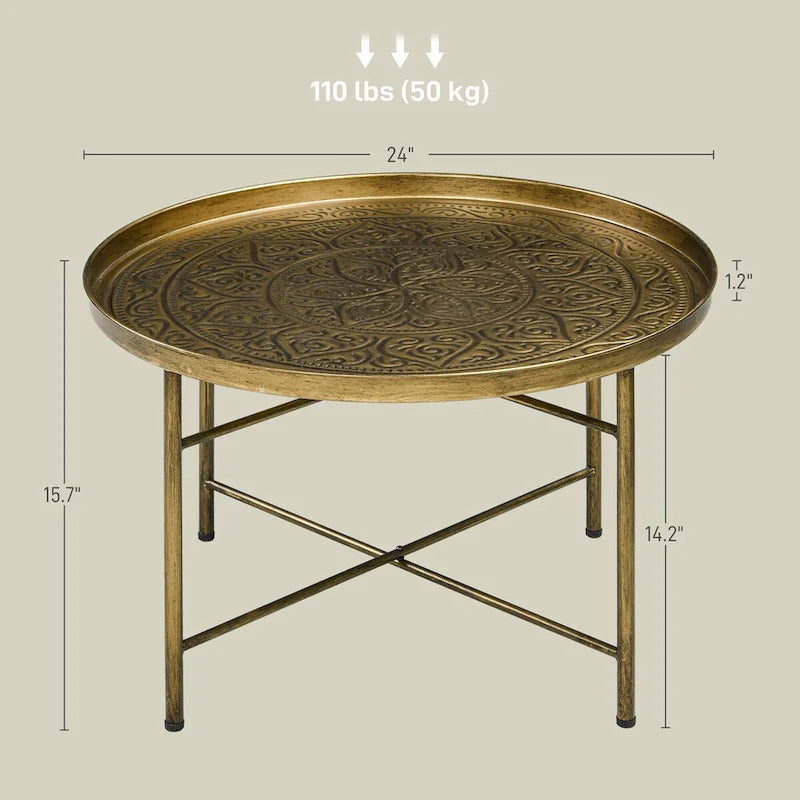 Table basse ronde de 24 pouces avec plateau martelé, table d'appoint vintage en métal pour salon, chambre à coucher, or