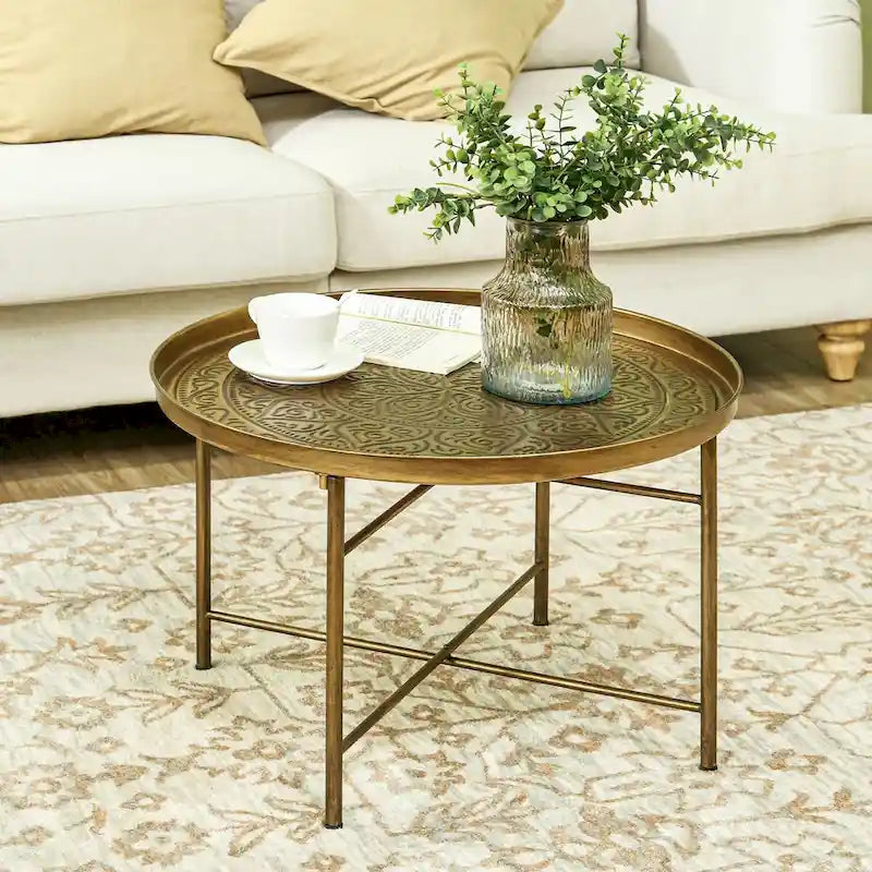 Table basse ronde de 24 pouces avec plateau martelé, table d'appoint vintage en métal pour salon, chambre à coucher, or
