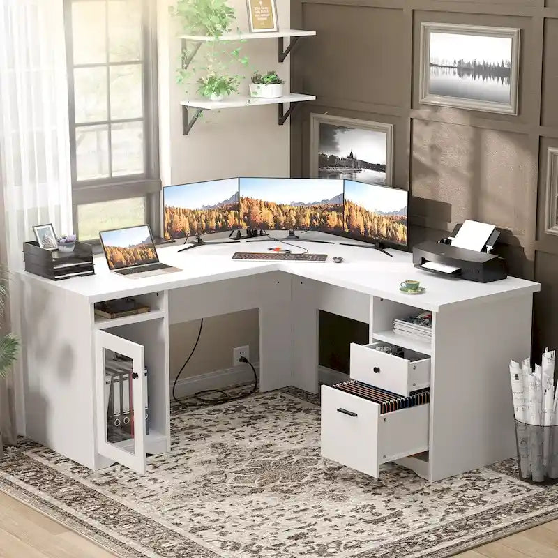 Bureau d'angle moderne de style ferme avec classeur et tiroirs, bureau de direction avec station de charge