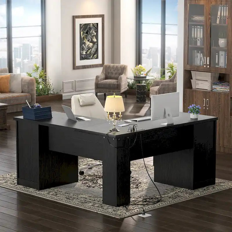 Bureau d'angle moderne de style ferme avec classeur et tiroirs, bureau de direction avec station de charge