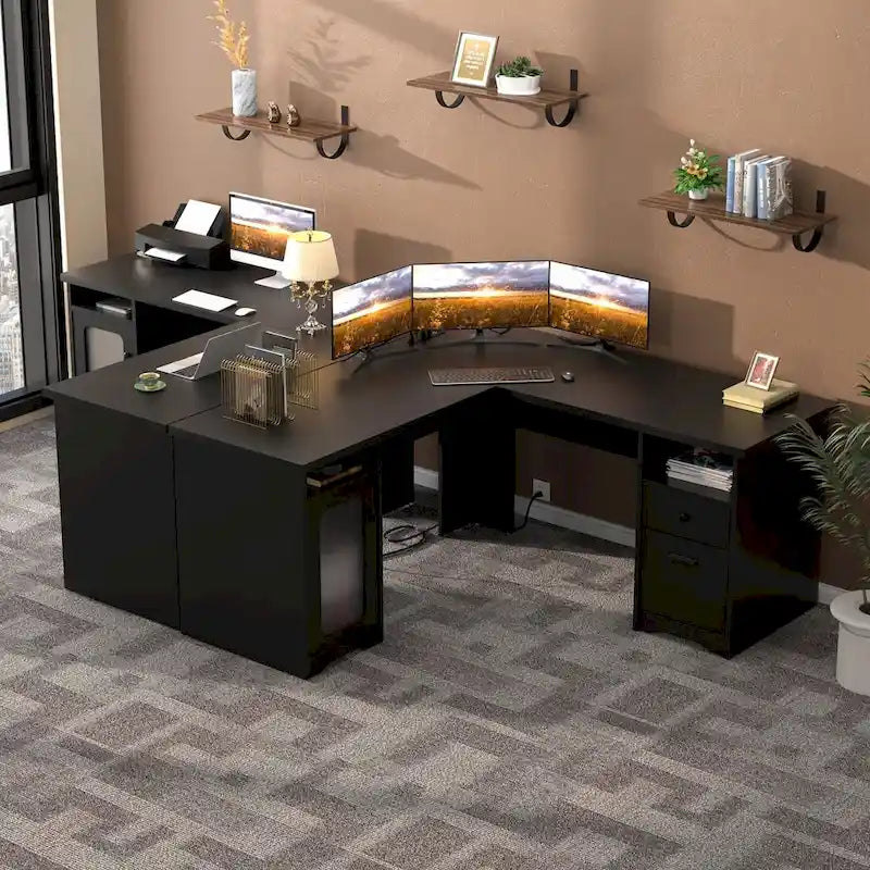 Bureau d'angle moderne de style ferme avec classeur et tiroirs, bureau de direction avec station de charge