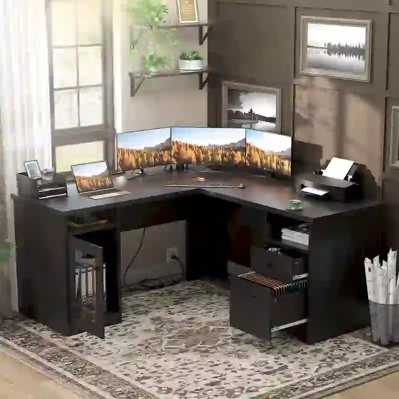 Bureau d'angle moderne de style ferme avec classeur et tiroirs, bureau de direction avec station de charge