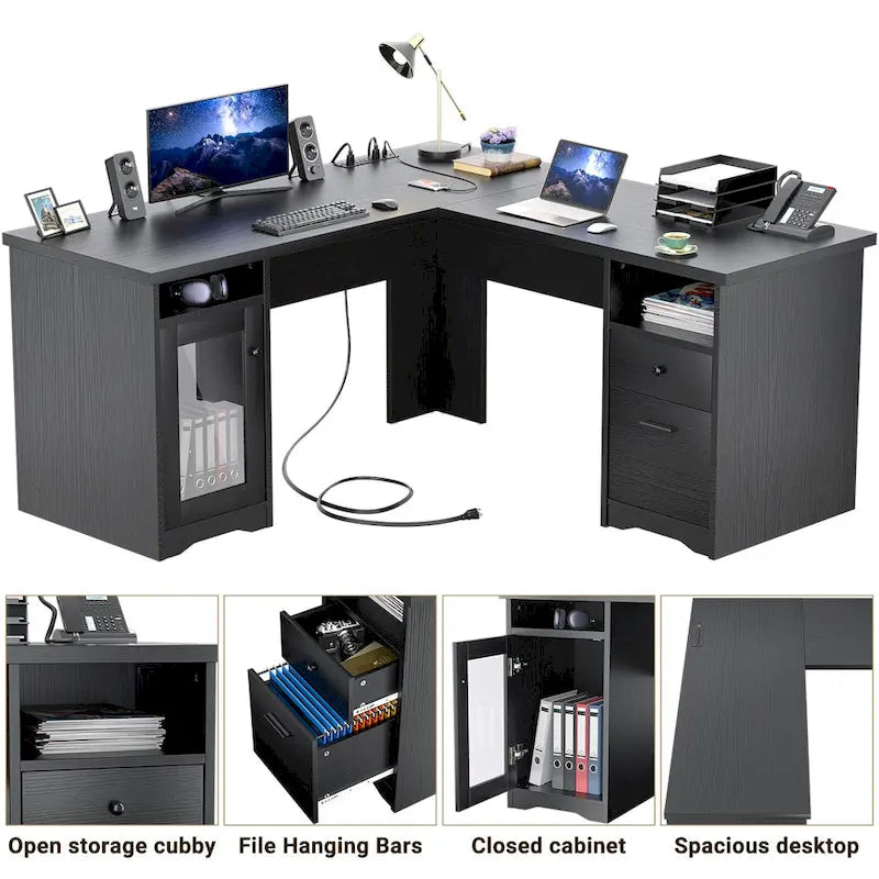 Bureau d'angle moderne de style ferme avec classeur et tiroirs, bureau de direction avec station de charge