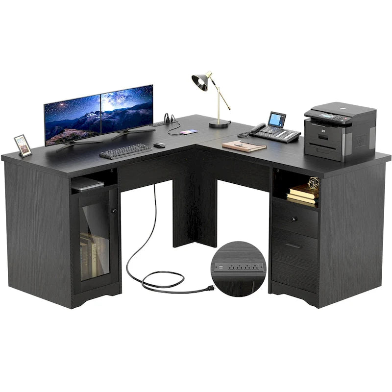 Bureau d'angle moderne de style ferme avec classeur et tiroirs, bureau de direction avec station de charge