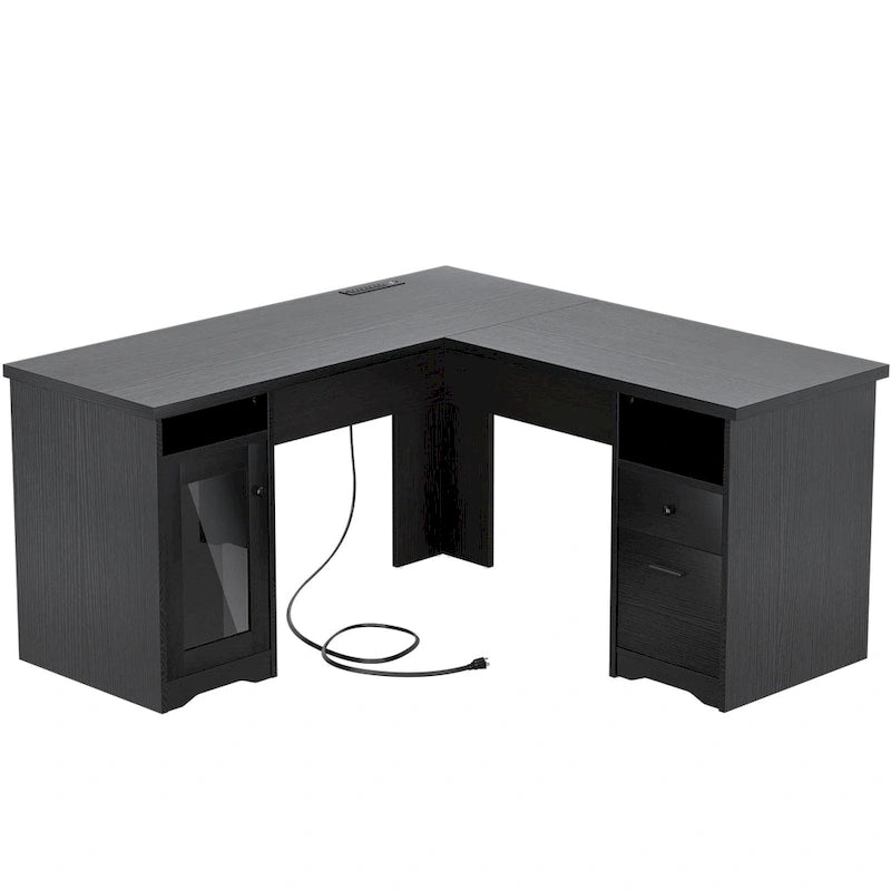 Bureau d'angle moderne de style ferme avec classeur et tiroirs, bureau de direction avec station de charge