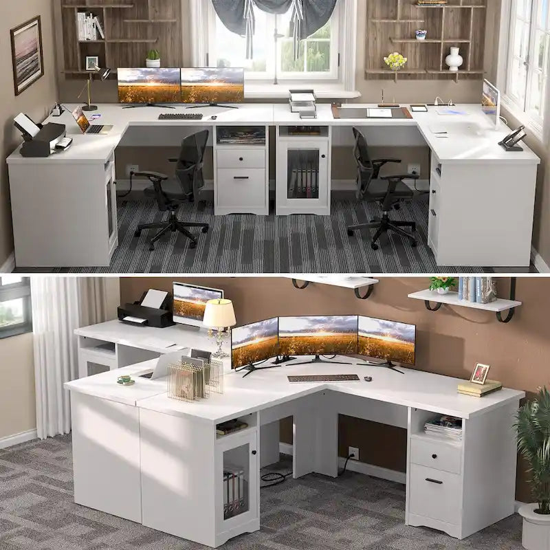 Bureau d'angle moderne de style ferme avec classeur et tiroirs, bureau de direction avec station de charge