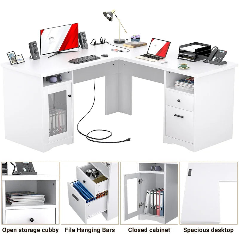 Bureau d'angle moderne de style ferme avec classeur et tiroirs, bureau de direction avec station de charge