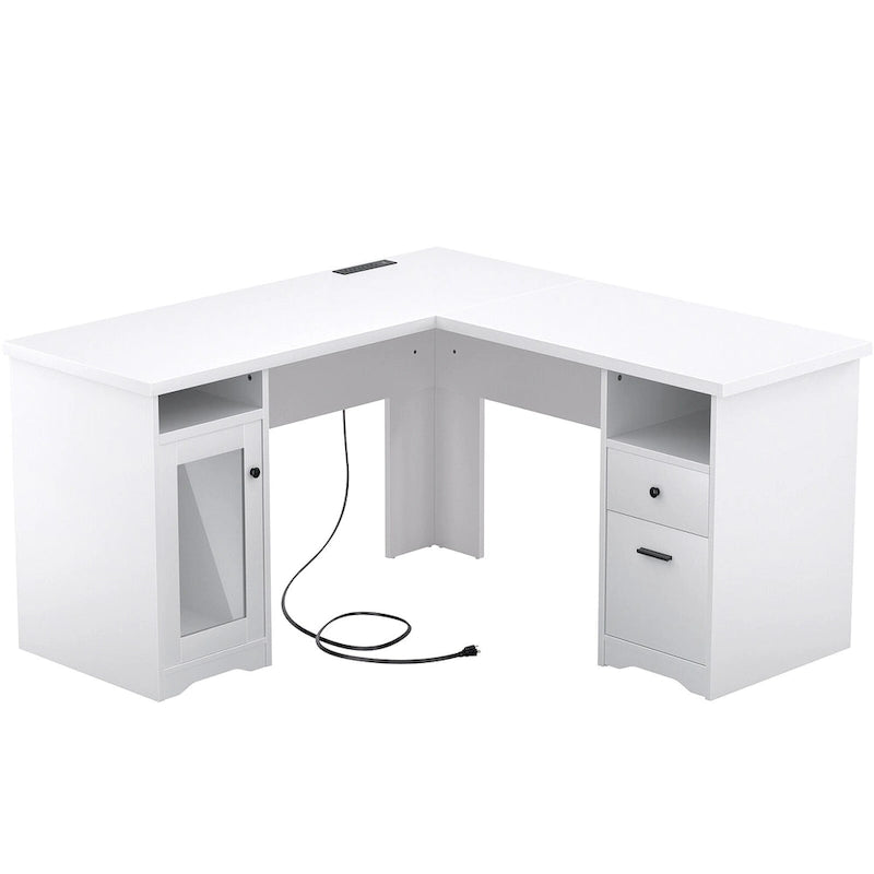 Bureau d'angle moderne de style ferme avec classeur et tiroirs, bureau de direction avec station de charge