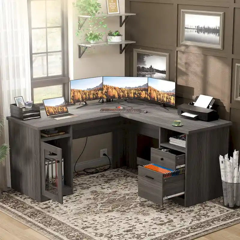 Bureau d'angle moderne de style ferme avec classeur et tiroirs, bureau de direction avec station de charge
