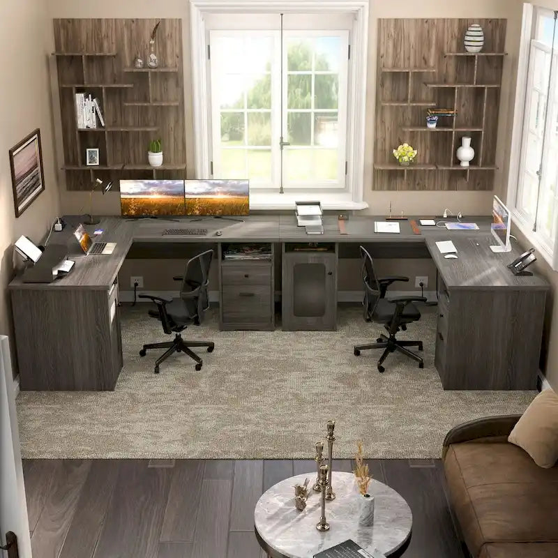 Bureau d'angle moderne de style ferme avec classeur et tiroirs, bureau de direction avec station de charge