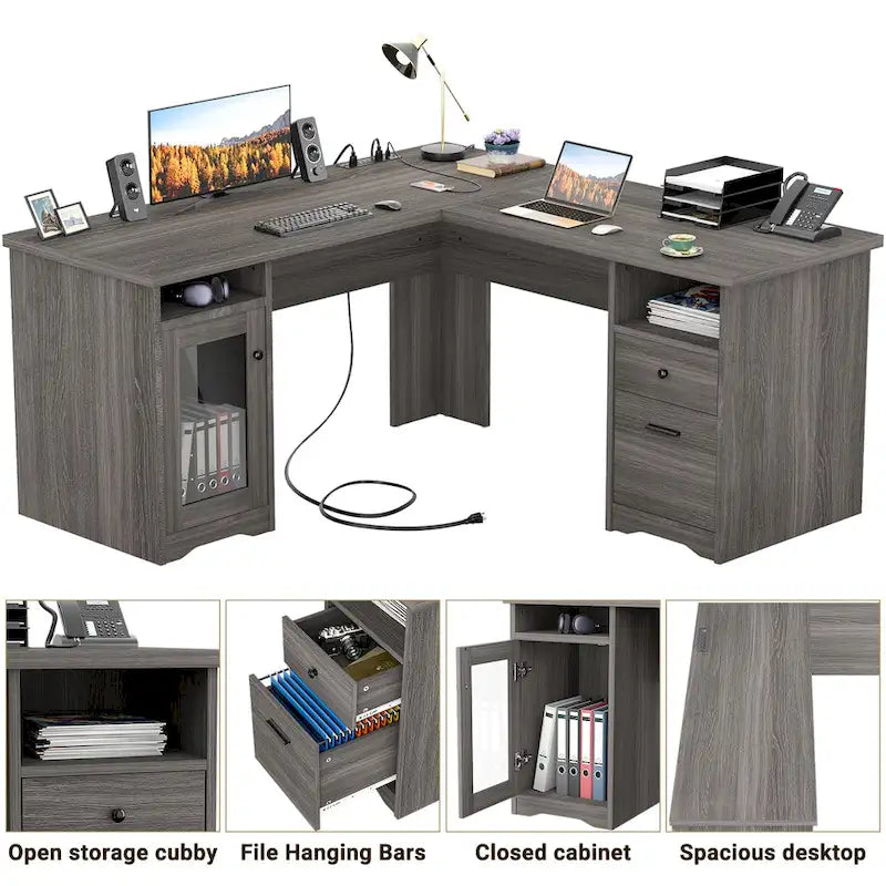 Bureau d'angle moderne de style ferme avec classeur et tiroirs, bureau de direction avec station de charge