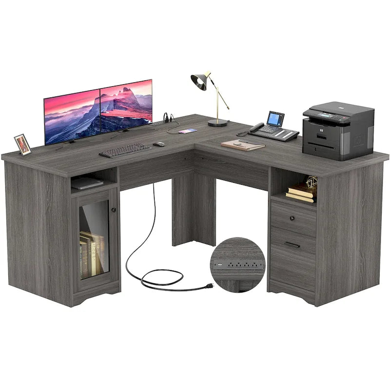 Bureau d'angle moderne de style ferme avec classeur et tiroirs, bureau de direction avec station de charge