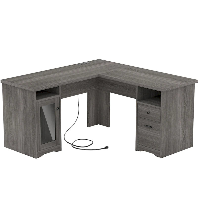 Bureau d'angle moderne de style ferme avec classeur et tiroirs, bureau de direction avec station de charge