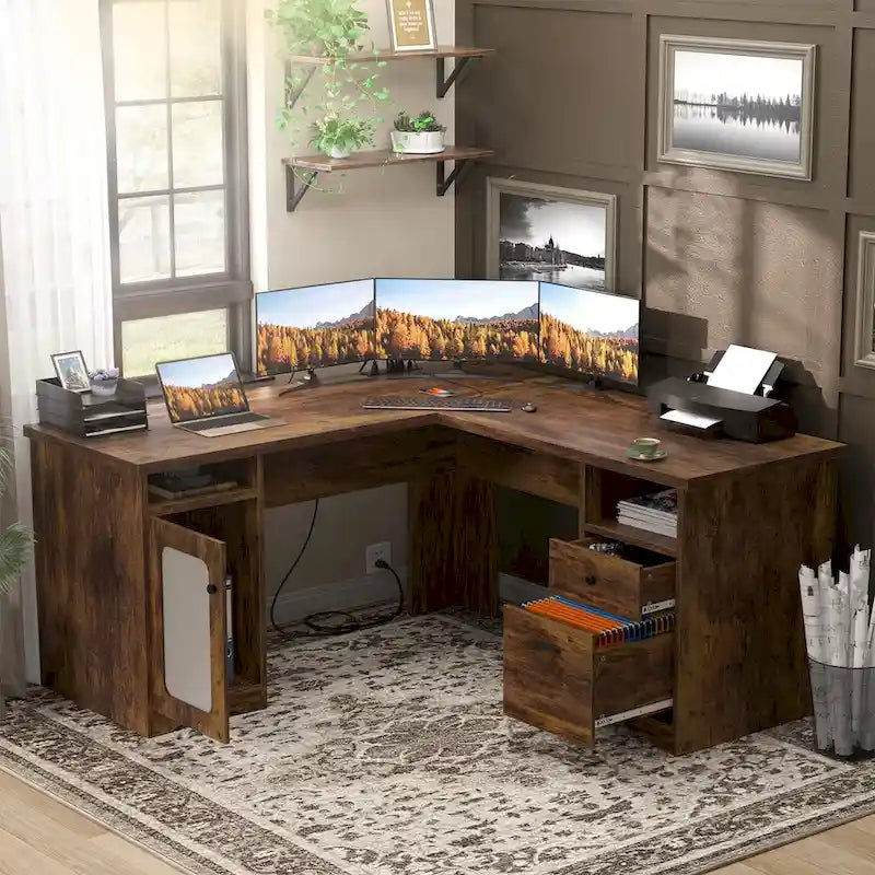 Bureau d'angle moderne de style ferme avec classeur et tiroirs, bureau de direction avec station de charge