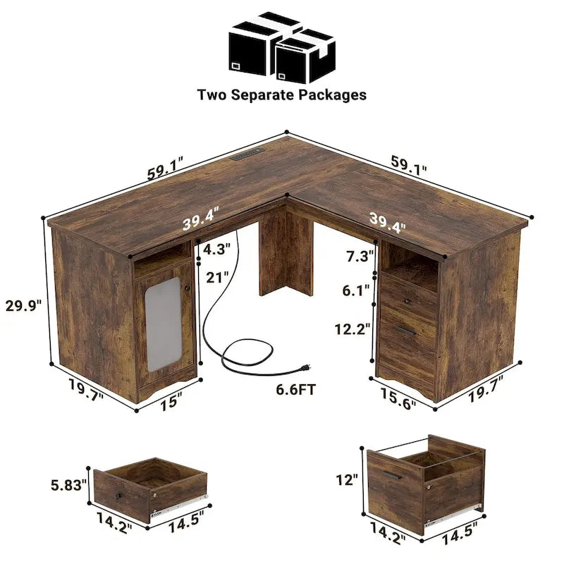 Bureau d'angle moderne de style ferme avec classeur et tiroirs, bureau de direction avec station de charge