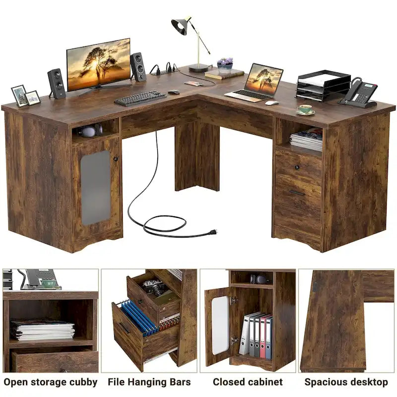 Bureau d'angle moderne de style ferme avec classeur et tiroirs, bureau de direction avec station de charge