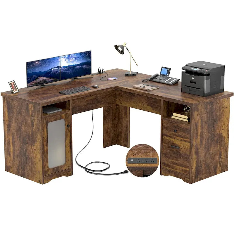 Bureau d'angle moderne de style ferme avec classeur et tiroirs, bureau de direction avec station de charge