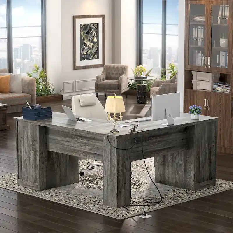 Bureau d'angle moderne de style ferme avec classeur et tiroirs, bureau de direction avec station de charge
