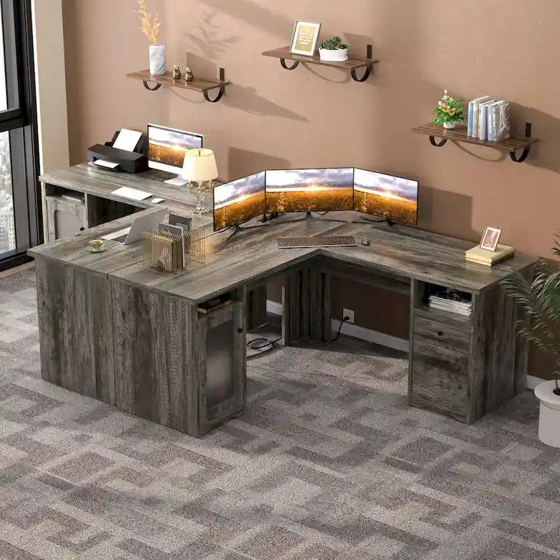 Bureau d'angle moderne de style ferme avec classeur et tiroirs, bureau de direction avec station de charge