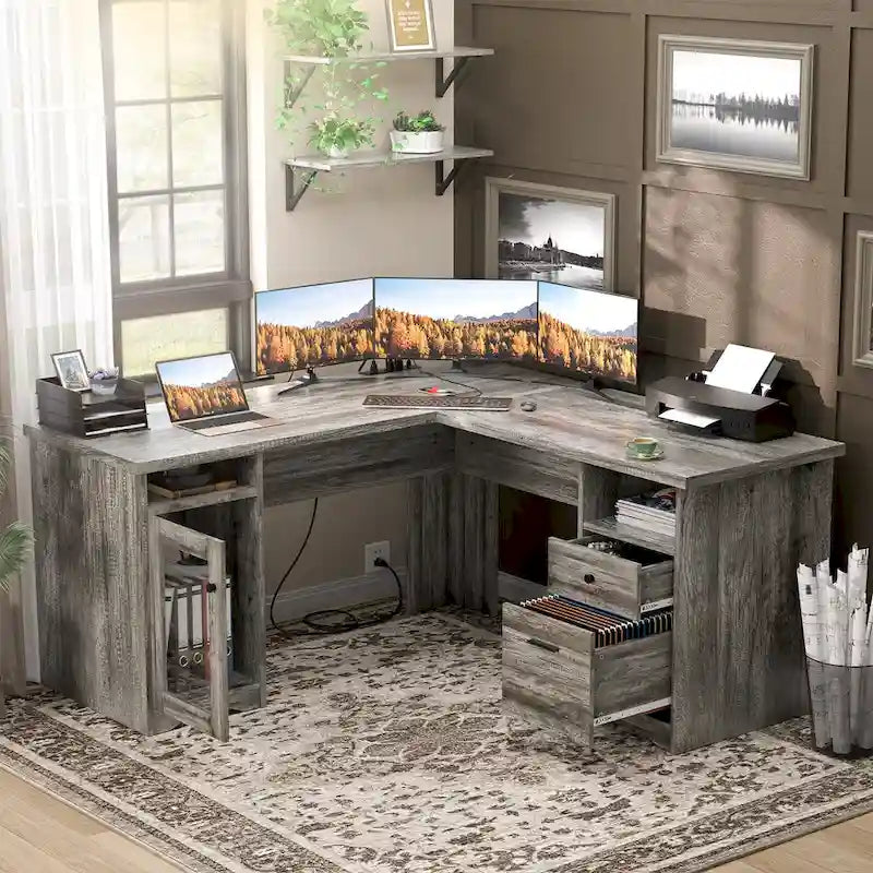 Bureau d'angle moderne de style ferme avec classeur et tiroirs, bureau de direction avec station de charge