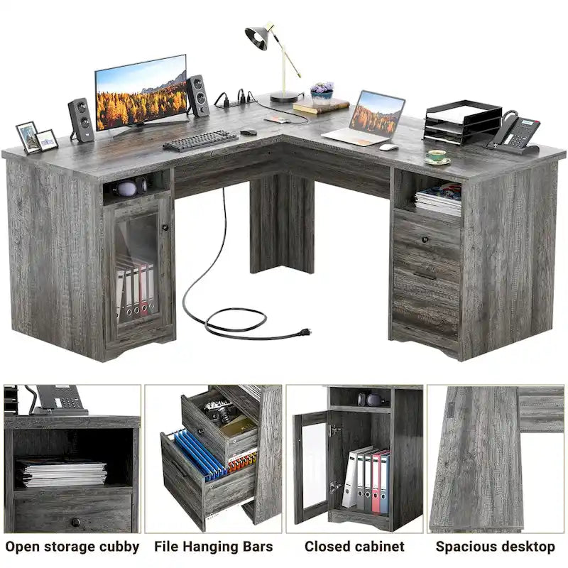 Bureau d'angle moderne de style ferme avec classeur et tiroirs, bureau de direction avec station de charge