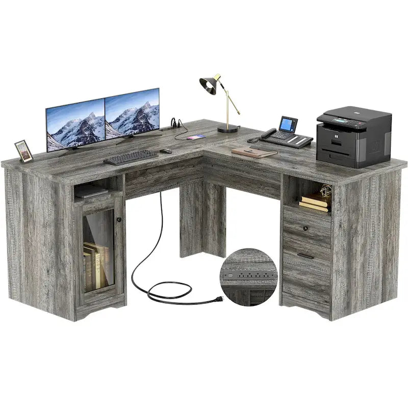 Bureau d'angle moderne de style ferme avec classeur et tiroirs, bureau de direction avec station de charge