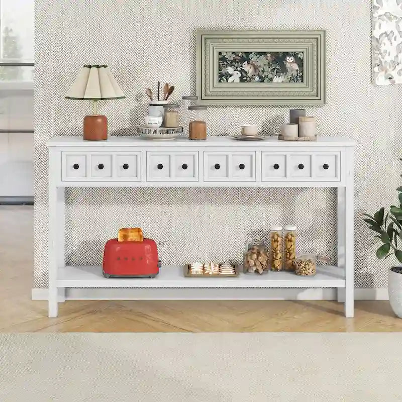 Console d'entrée rustique, table de canapé de 60 pouces de long avec deux tiroirs de tailles différentes et une étagère inférieure pour le rangement
