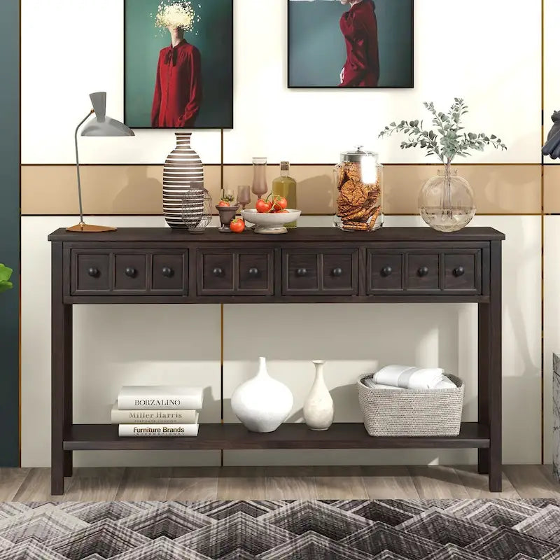 Cusp Barn Rustic Entryway Console Table, 60 Long Sofa Table with two Different Size Drawers and Bottom Shelf for Storage