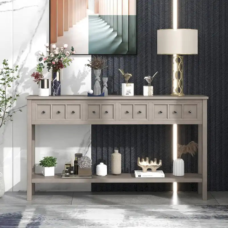 Console d'entrée rustique, table de canapé de 60 pouces de long avec deux tiroirs de tailles différentes et une étagère inférieure pour le rangement