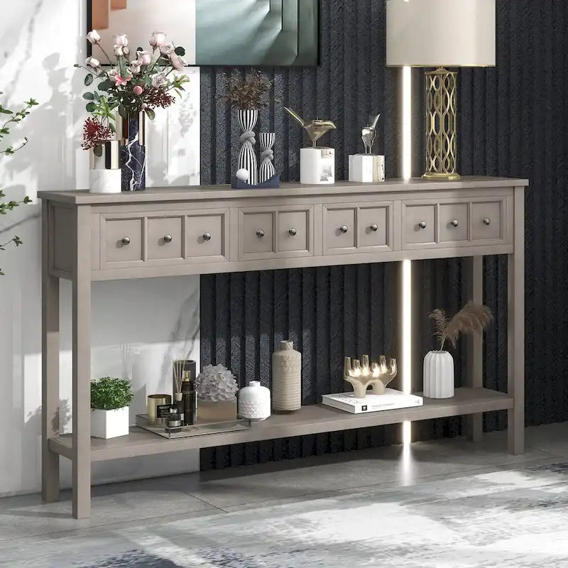 Console d'entrée rustique, table de canapé de 60 pouces de long avec deux tiroirs de tailles différentes et une étagère inférieure pour le rangement