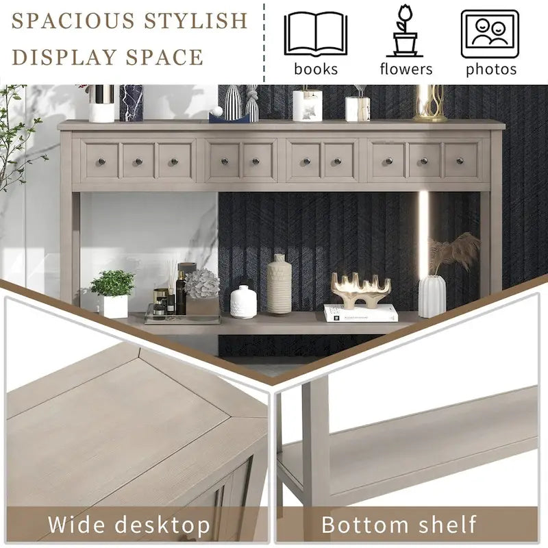Console d'entrée rustique, table de canapé de 60 pouces de long avec deux tiroirs de tailles différentes et une étagère inférieure pour le rangement