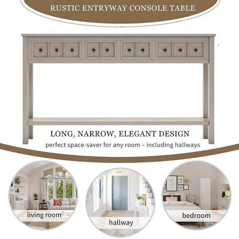 Console d'entrée rustique, table de canapé de 60 pouces de long avec deux tiroirs de tailles différentes et une étagère inférieure pour le rangement